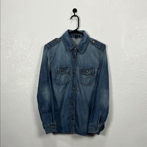 GAP Tops - Gap Women’s Denim Button Down Long Sleeve Shirt  Brass Buttons Faded Blue Sz L